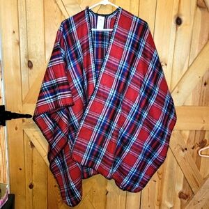 WOOLRICH Red & Blue Plaid Fleece Blanket Poncho Wrap Cozy Soft one size